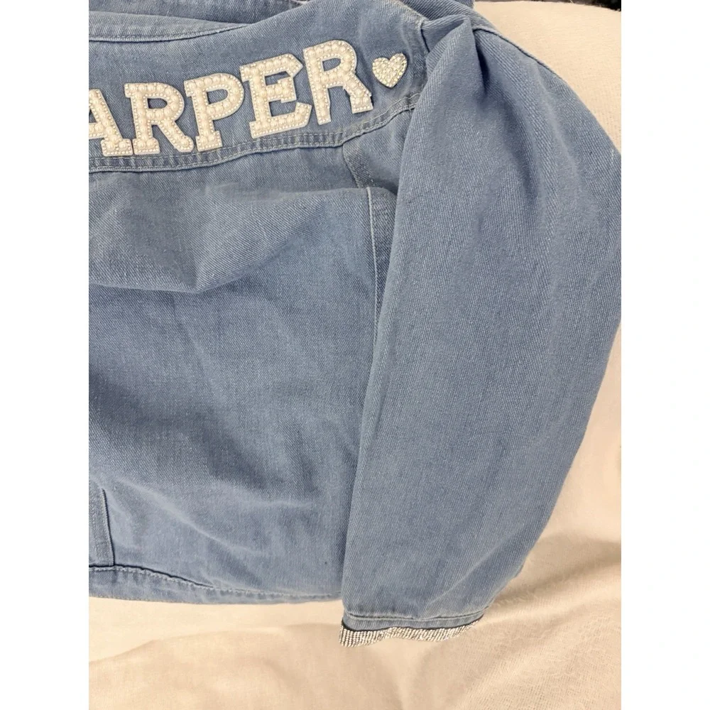 Girls Denim Jacket 7/8Y HARPER Custom Name Pearl Letters Rhinestone Heart Star